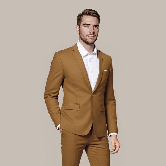 Brown # Men's one-button casual blazer with flat collar and single-breasted closure, stylish brown sport coat jacket with premium polyester viscose blend fabric for daily business, office, wedding and party wear, isolated on white background.