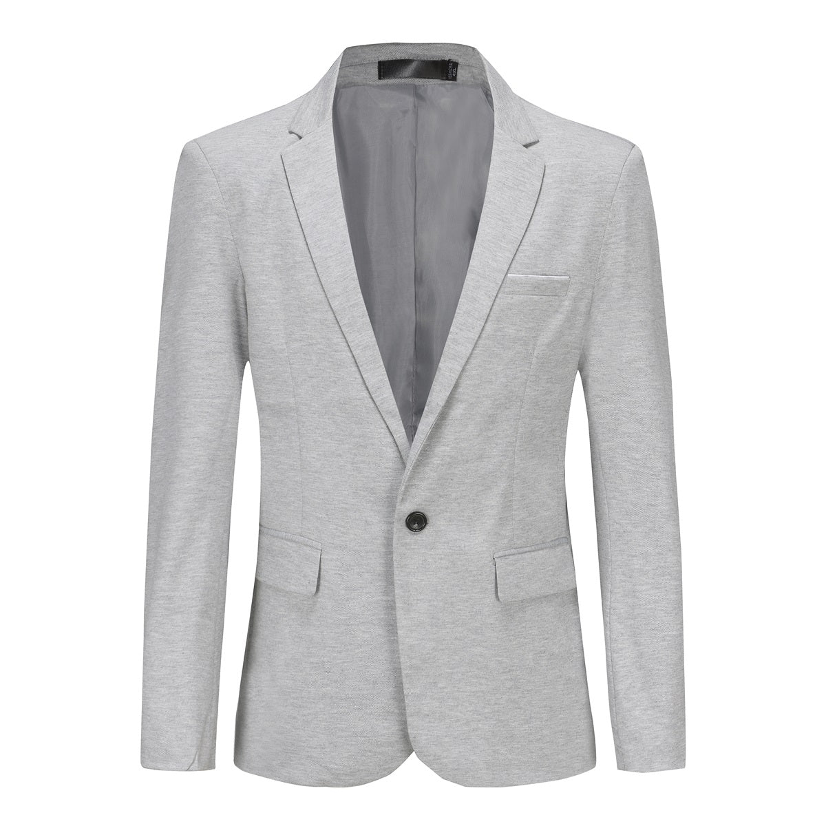 Grey # Men's slim fit one-button casual blazer with notched lapel and single-breasted closure, classic grey sport coat jacket with center vent and flap pockets for business, office, daily wear and social events, isolated on white background.