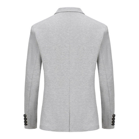 Grey # Men's slim fit one-button casual blazer with notched lapel and single-breasted closure, classic grey sport coat jacket with center vent and flap pockets for business, office, daily wear and social events, isolated on white background.