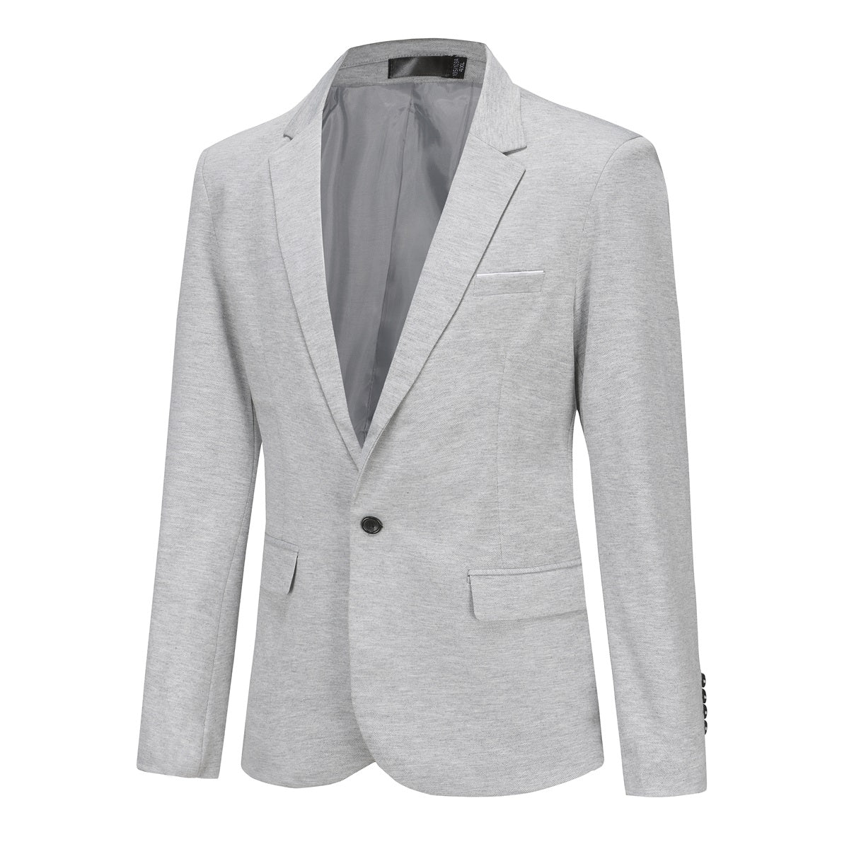 Grey # Men's slim fit one-button casual blazer with notched lapel and single-breasted closure, classic grey sport coat jacket with center vent and flap pockets for business, office, daily wear and social events, isolated on white background.