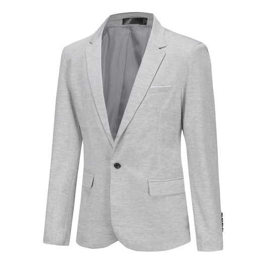 Grey # Men's slim fit one-button casual blazer with notched lapel and single-breasted closure, classic grey sport coat jacket with center vent and flap pockets for business, office, daily wear and social events, isolated on white background.