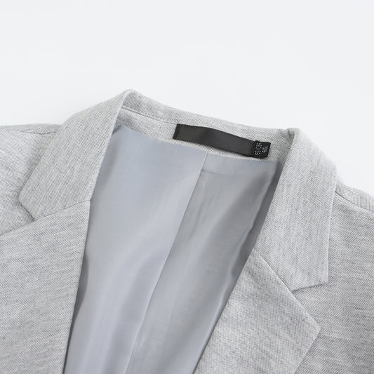 Grey # Men's slim fit one-button casual blazer with notched lapel and single-breasted closure, classic grey sport coat jacket with center vent and flap pockets for business, office, daily wear and social events, isolated on white background.