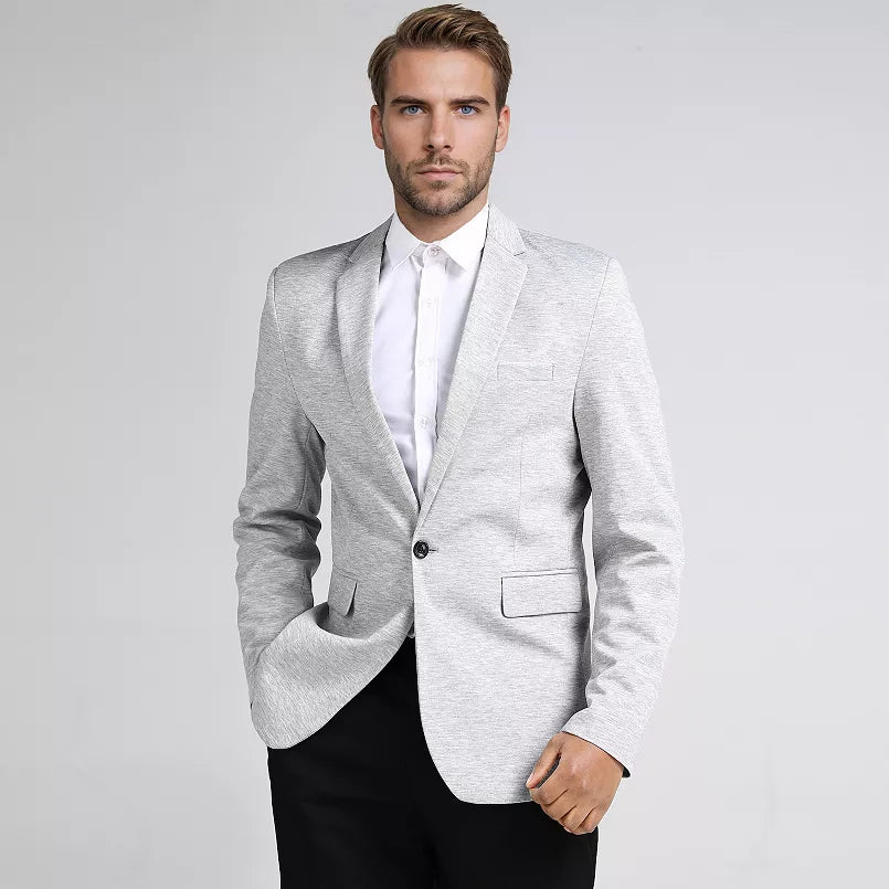 Grey # Men's slim fit one-button casual blazer with notched lapel and single-breasted closure, classic grey sport coat jacket with center vent and flap pockets for business, office, daily wear and social events, isolated on white background.