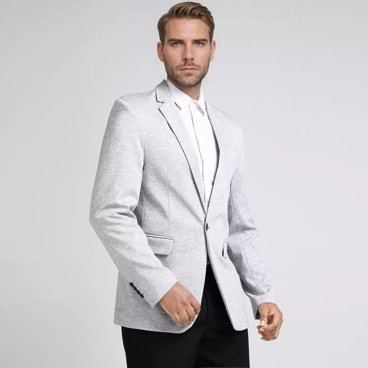 Grey # Men's slim fit one-button casual blazer with notched lapel and single-breasted closure, classic grey sport coat jacket with center vent and flap pockets for business, office, daily wear and social events, isolated on white background.