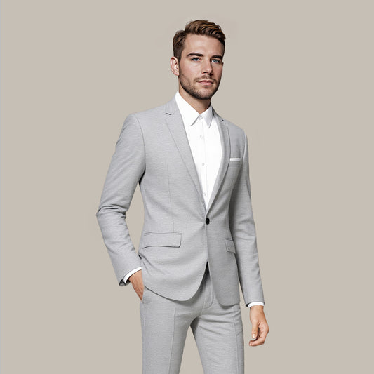 Grey # Men's slim fit one-button casual blazer with notched lapel and single-breasted closure, classic grey sport coat jacket with center vent and flap pockets for business, office, daily wear and social events, isolated on white background.