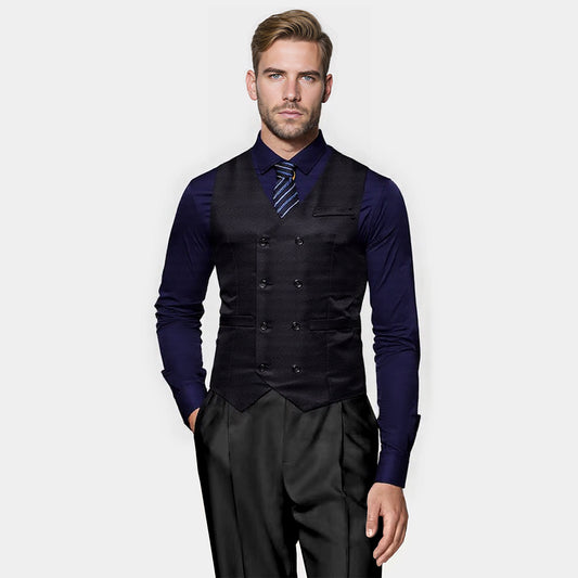 Black # Men's slim fit durable casual vest with v-neck and button closure, sleeveless waistcoat with adjustable strap belt and fully lined interior, versatile black polyester cotton blend vest for daily wear, business and party, isolated on white background.