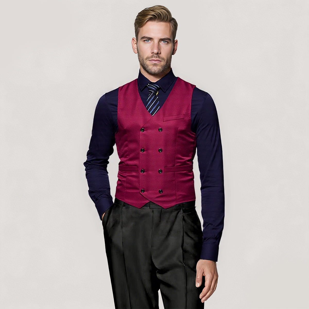 Maroon # Men's slim fit durable casual vest with v-neck and button closure, sleeveless waistcoat with adjustable strap belt and fully lined interior, versatile maroon polyester cotton blend vest for daily wear, business and party, isolated on white background.