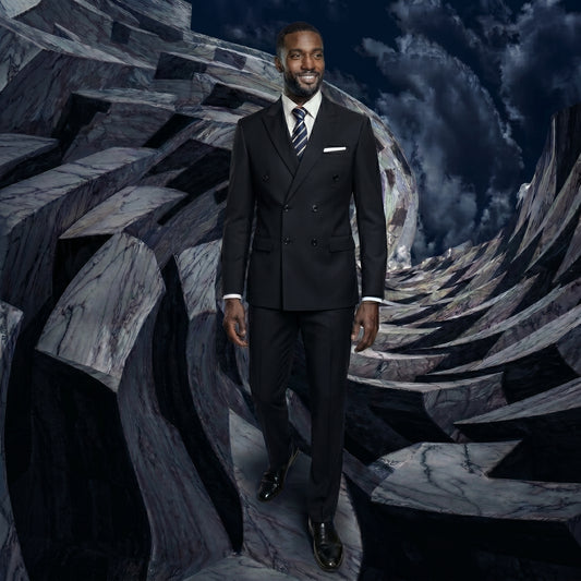 Black # Men's double breasted black suit, slim fit 2-piece formal attire with classic peaked lapel design, perfect for daily office and wedding events, studio photography on clean white background.