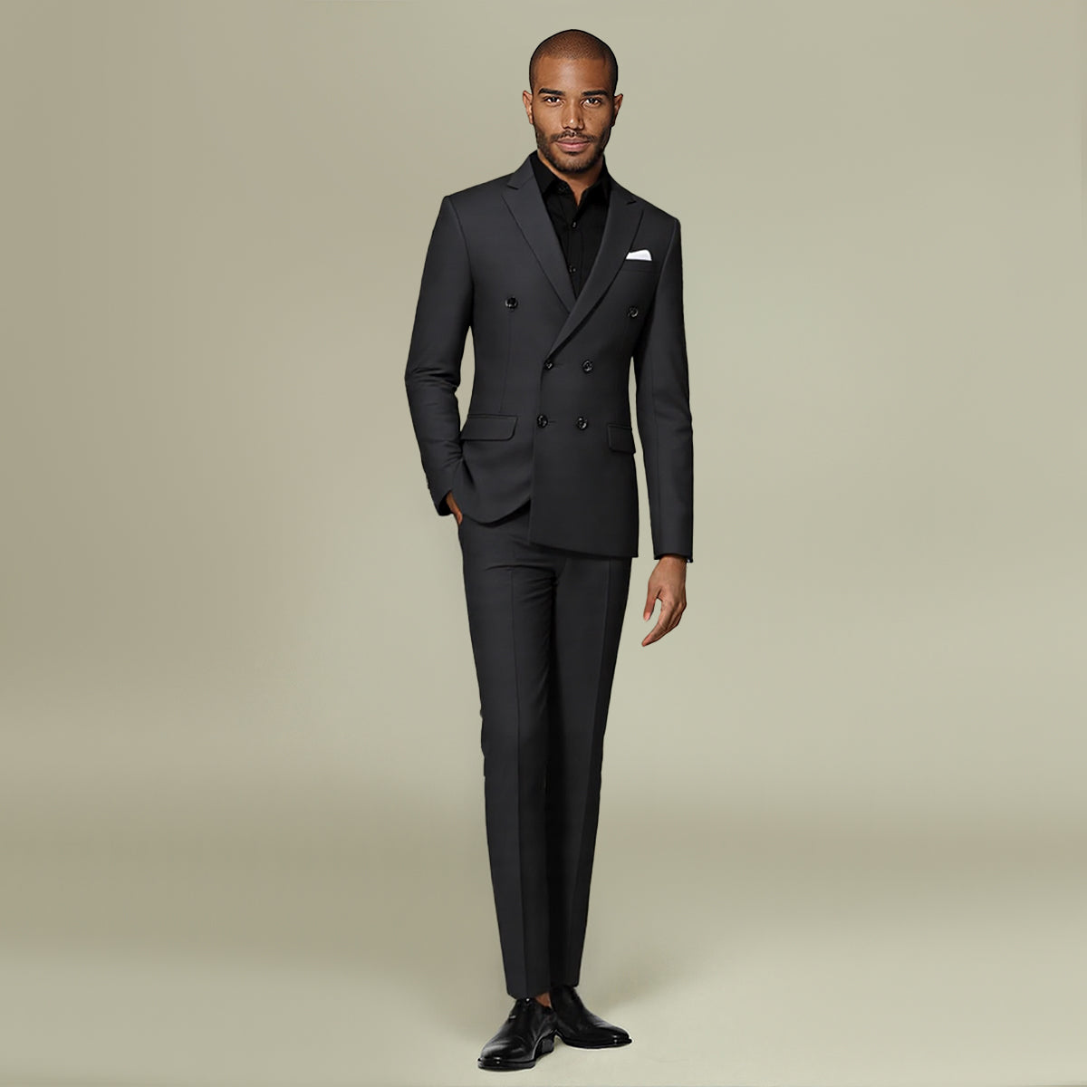 Black # Men's double breasted black suit, slim fit 2-piece formal attire with classic peaked lapel design, perfect for daily office and wedding events, studio photography on clean white background.