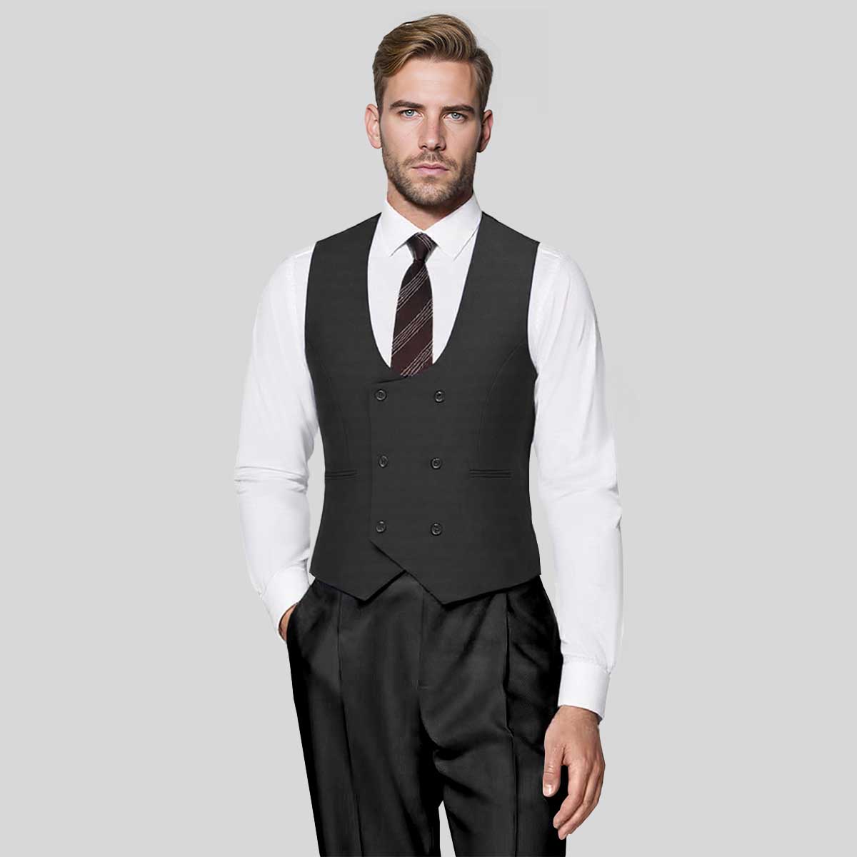 Black # Men's slim fit double breasted vest with u-neck and button closure, sleeveless waistcoat with adjustable strap belt and fully lined interior, versatile black formal vest for wedding, banquet, party, business and daily wear, isolated on white background.