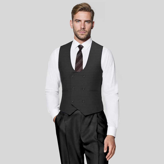 Black # Men's slim fit double breasted vest with u-neck and button closure, sleeveless waistcoat with adjustable strap belt and fully lined interior, versatile black formal vest for wedding, banquet, party, business and daily wear, isolated on white background.