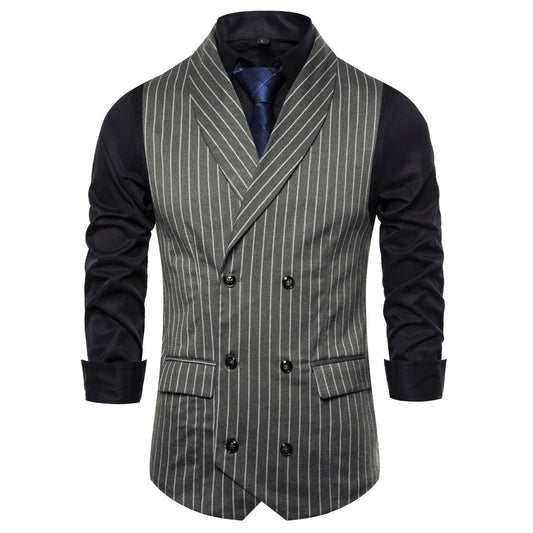 Grey # Men's slim fit double-breasted striped vest with shawl collar and adjustable back buckle, grey casual waistcoat in soft polyester fabric for business, wedding, party and daily wear, isolated on white background.