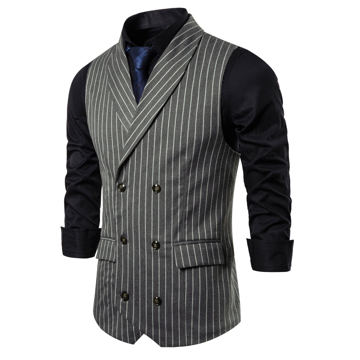 Grey # Men's slim fit double-breasted striped vest with shawl collar and adjustable back buckle, grey casual waistcoat in soft polyester fabric for business, wedding, party and daily wear, isolated on white background.