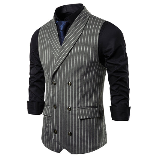 Grey # Men's slim fit double-breasted striped vest with shawl collar and adjustable back buckle, grey casual waistcoat in soft polyester fabric for business, wedding, party and daily wear, isolated on white background.