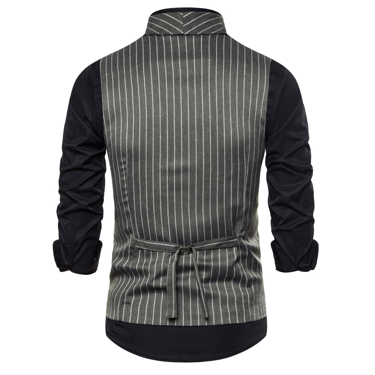 Grey # Men's slim fit double-breasted striped vest with shawl collar and adjustable back buckle, grey casual waistcoat in soft polyester fabric for business, wedding, party and daily wear, isolated on white background.