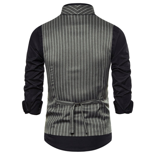 Grey # Men's slim fit double-breasted striped vest with shawl collar and adjustable back buckle, grey casual waistcoat in soft polyester fabric for business, wedding, party and daily wear, isolated on white background.