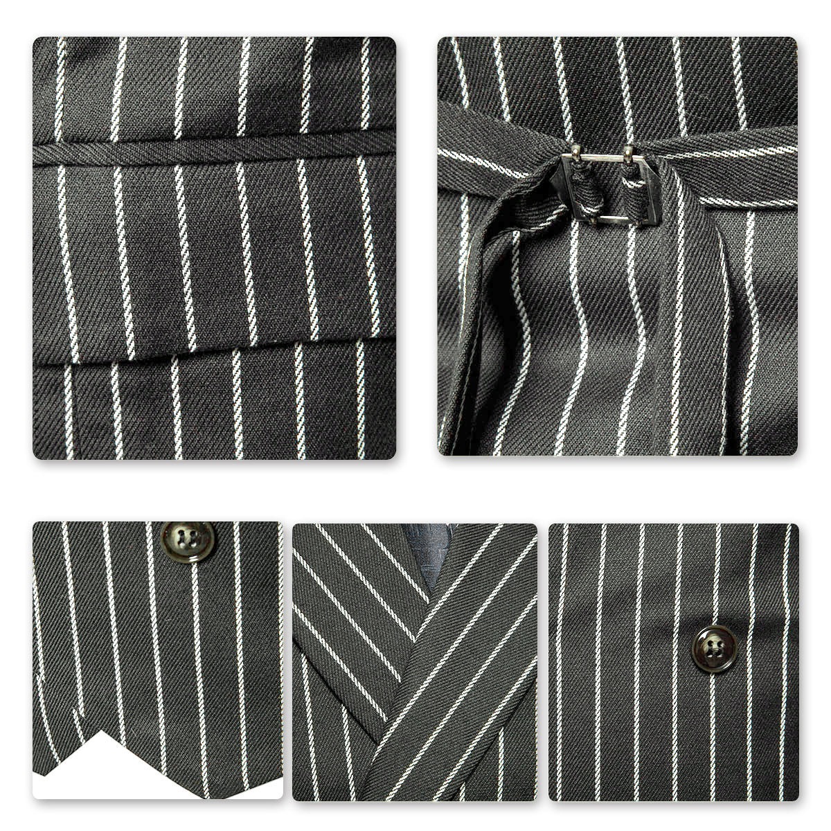 Grey # Men's slim fit double-breasted striped vest with shawl collar and adjustable back buckle, grey casual waistcoat in soft polyester fabric for business, wedding, party and daily wear, isolated on white background.