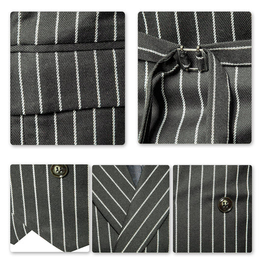Grey # Men's slim fit double-breasted striped vest with shawl collar and adjustable back buckle, grey casual waistcoat in soft polyester fabric for business, wedding, party and daily wear, isolated on white background.