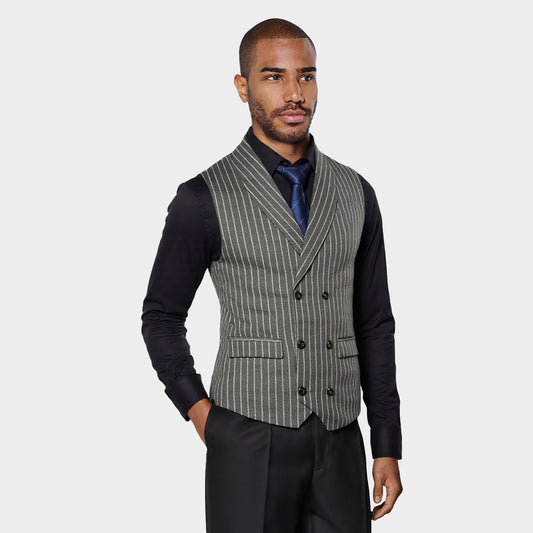 Grey # Men's slim fit double-breasted striped vest with shawl collar and adjustable back buckle, grey casual waistcoat in soft polyester fabric for business, wedding, party and daily wear, isolated on white background.