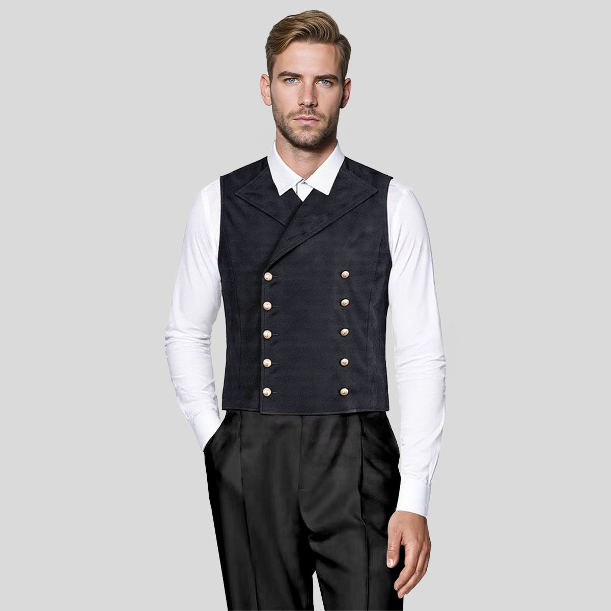Black # Men's slim fit double breasted velvet gothic steampunk vest with stand collar and sleeveless design, black faux suede medieval Victorian style waistcoat for wedding, cosplay, prom, costume party, stage show and festival, isolated on white background.