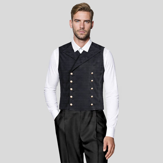 Black # Men's slim fit double breasted velvet gothic steampunk vest with stand collar and sleeveless design, black faux suede medieval Victorian style waistcoat for wedding, cosplay, prom, costume party, stage show and festival, isolated on white background.