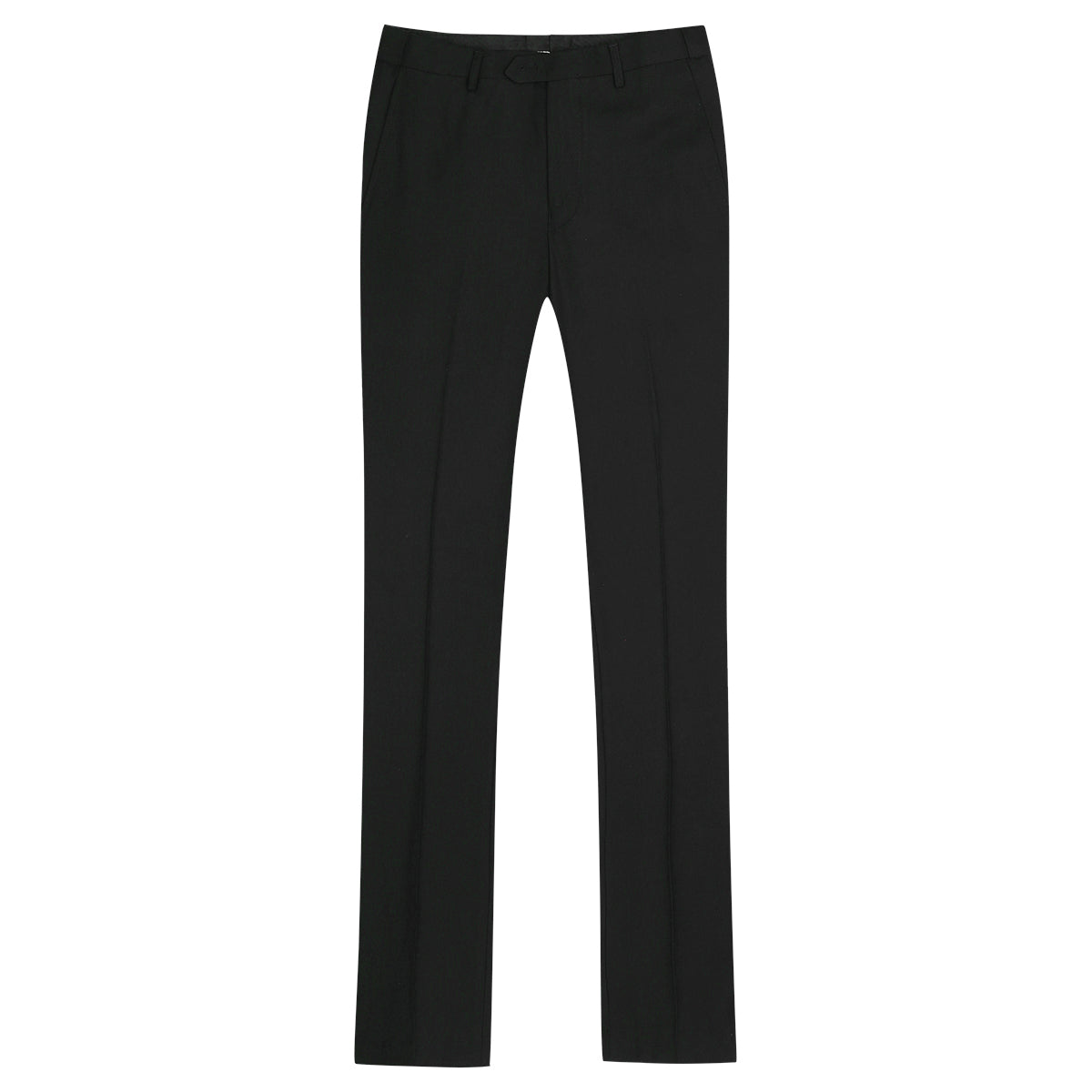 Black # Men's classic slim fit stretch flat front dress pants with extended waist strap and slanted side pockets, comfortable polyester viscose blend slacks for business, office, wedding and daily wear, isolated on white background.