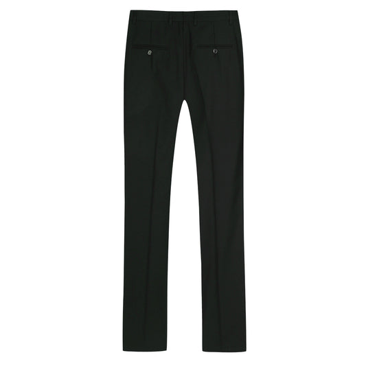 Black # Men's classic slim fit stretch flat front dress pants with extended waist strap and slanted side pockets, comfortable polyester viscose blend slacks for business, office, wedding and daily wear, isolated on white background.