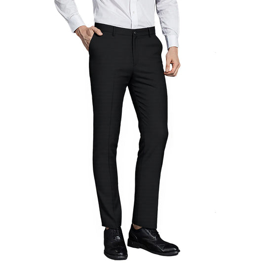 Black # Men's classic slim fit stretch flat front dress pants with extended waist strap and slanted side pockets, comfortable polyester viscose blend slacks for business, office, wedding and daily wear, isolated on white background.