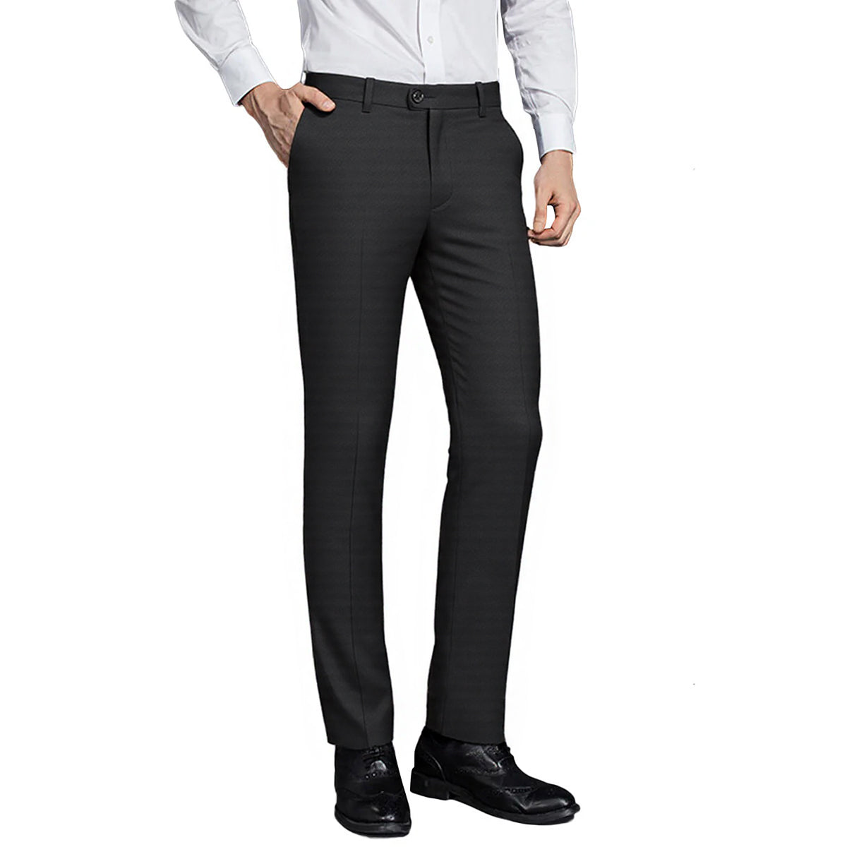 Black # Men's modern fit straight leg classic dress pants with flat front and extended waist strap, black cotton polyester blend trousers with slanted side pockets for business, office and daily wear, isolated on white background.