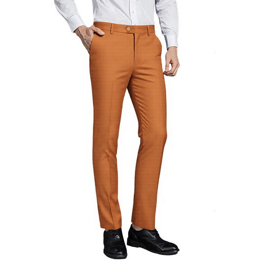 GoldenRod # Men's modern fit straight leg classic dress pants with flat front and extended waist strap, comfortable cotton polyester blend slacks with slanted side pockets for business, office, wedding and daily wear, isolated on white background.