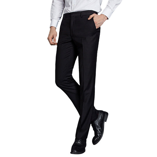Black # Men's classic slim fit stretch flat front dress pants with extended waist strap and slanted side pockets, comfortable polyester blend slacks for business, office, wedding and daily wear, isolated on white background.