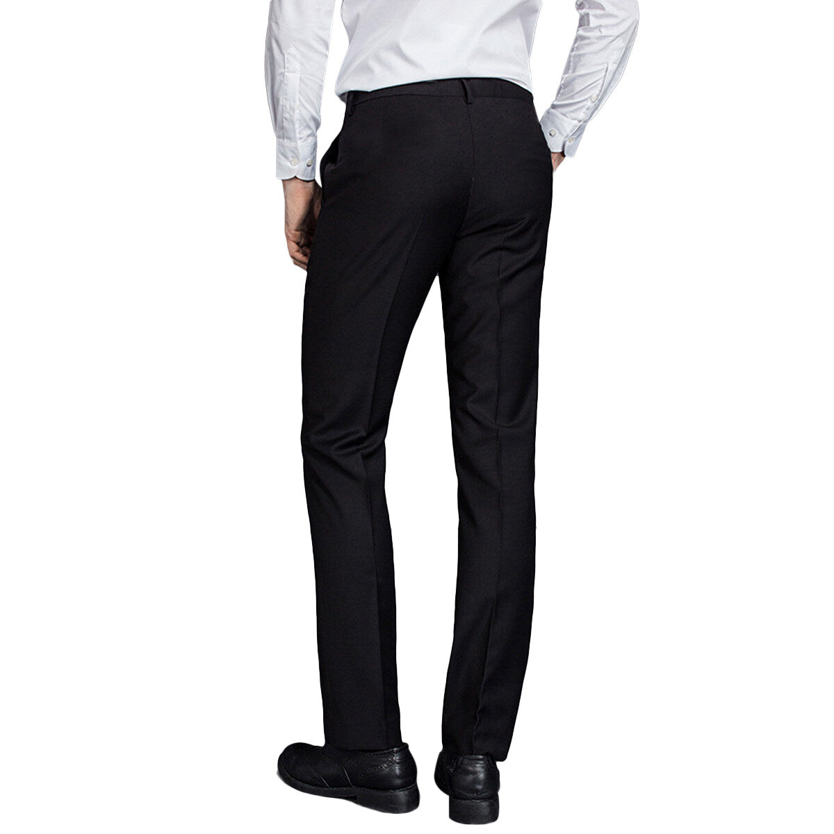 Black # Men's classic slim fit stretch flat front dress pants with extended waist strap and slanted side pockets, comfortable polyester blend slacks for business, office, wedding and daily wear, isolated on white background.