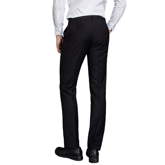 Black # Men's classic slim fit stretch flat front dress pants with extended waist strap and slanted side pockets, comfortable polyester blend slacks for business, office, wedding and daily wear, isolated on white background.