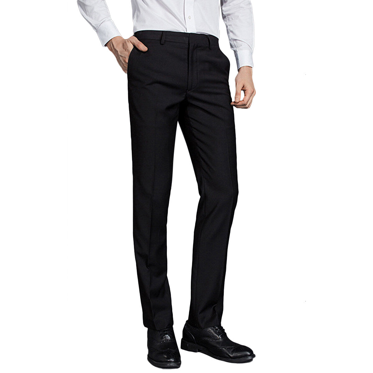 Black # Men's classic slim fit stretch flat front dress pants with extended waist strap and slanted side pockets, comfortable polyester blend slacks for business, office, wedding and daily wear, isolated on white background.
