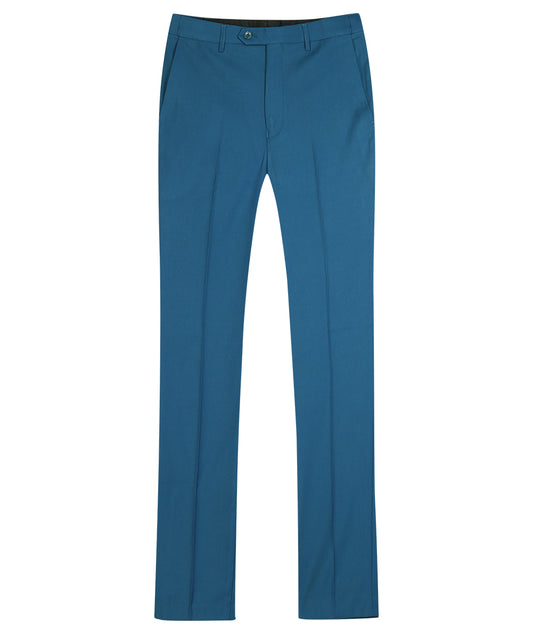 Blue # Men's classic slim fit stretch flat front dress pants with extended waist strap and slanted side pockets, comfortable polyester viscose blend slacks for business, office, wedding and daily wear, isolated on white background.