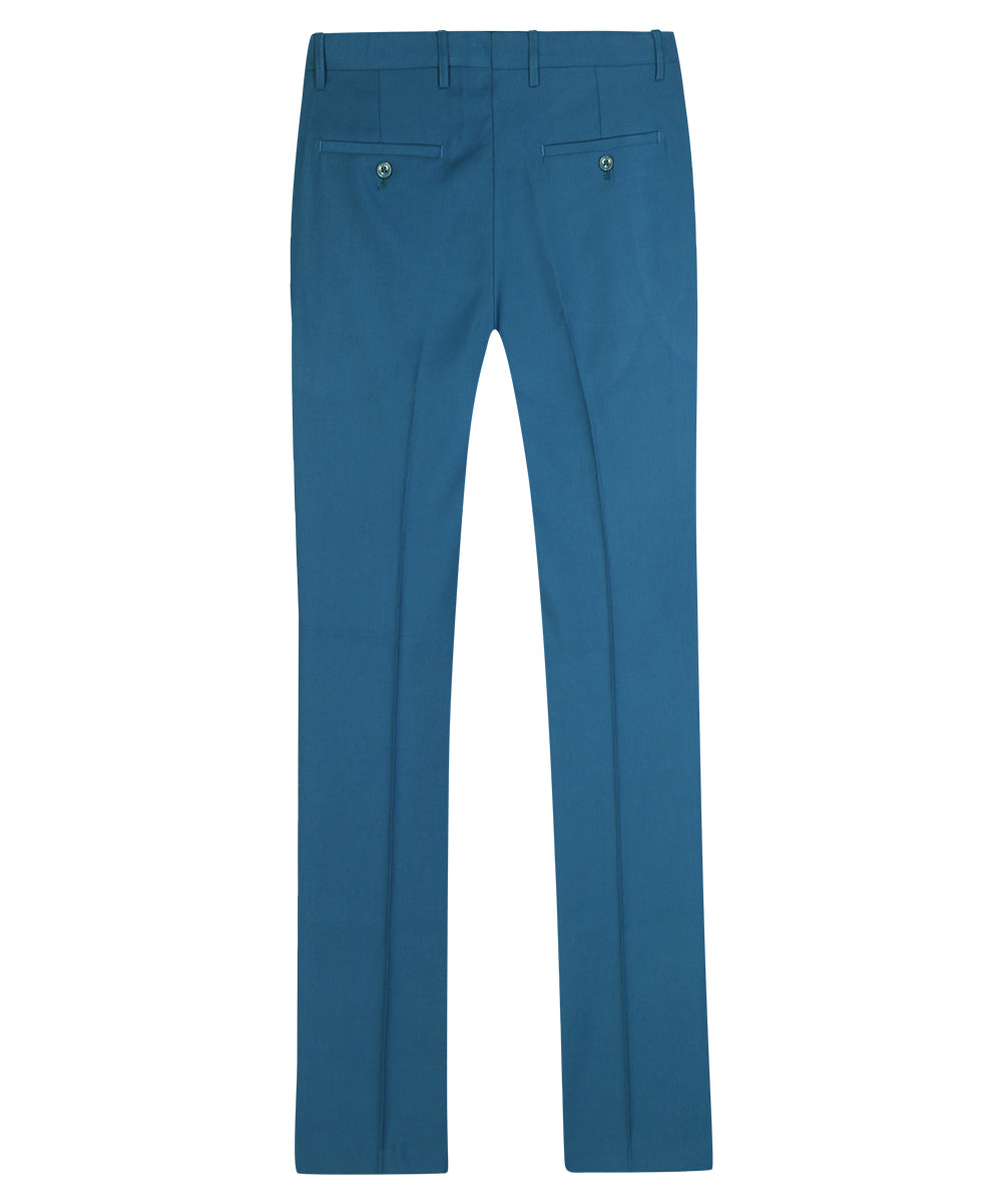 Blue # Men's classic slim fit stretch flat front dress pants with extended waist strap and slanted side pockets, comfortable polyester viscose blend slacks for business, office, wedding and daily wear, isolated on white background.