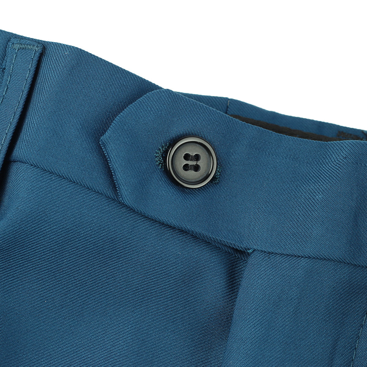 Blue # Men's classic slim fit stretch flat front dress pants with extended waist strap and slanted side pockets, comfortable polyester viscose blend slacks for business, office, wedding and daily wear, isolated on white background.