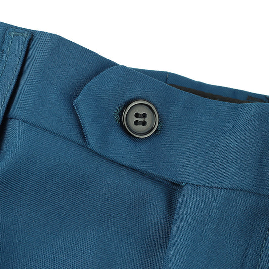 Blue # Men's classic slim fit stretch flat front dress pants with extended waist strap and slanted side pockets, comfortable polyester viscose blend slacks for business, office, wedding and daily wear, isolated on white background.
