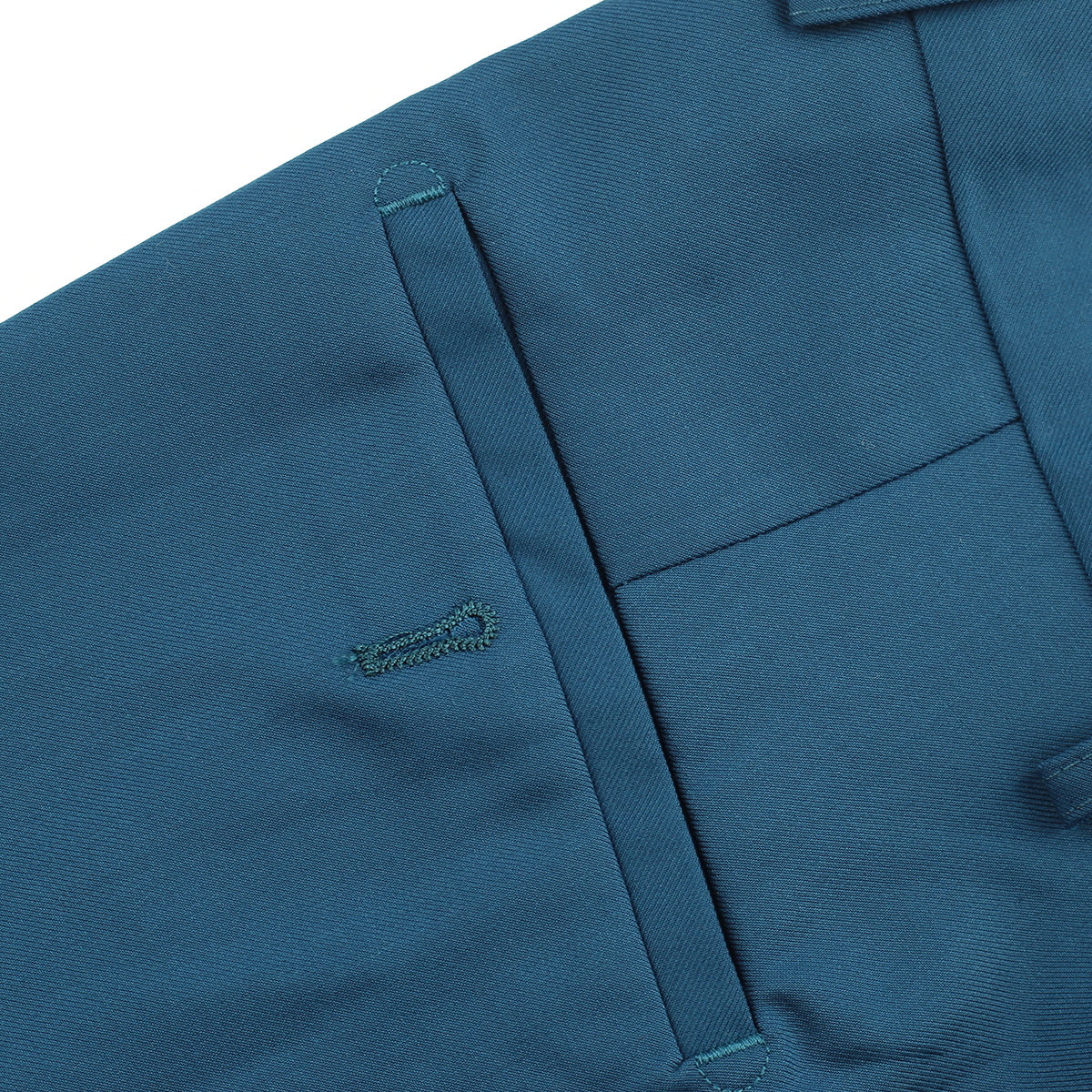 Blue # Men's classic slim fit stretch flat front dress pants with extended waist strap and slanted side pockets, comfortable polyester viscose blend slacks for business, office, wedding and daily wear, isolated on white background.