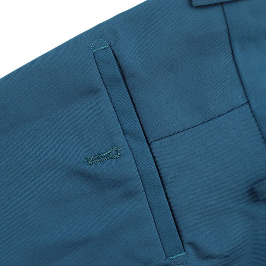 Blue # Men's classic slim fit stretch flat front dress pants with extended waist strap and slanted side pockets, comfortable polyester viscose blend slacks for business, office, wedding and daily wear, isolated on white background.