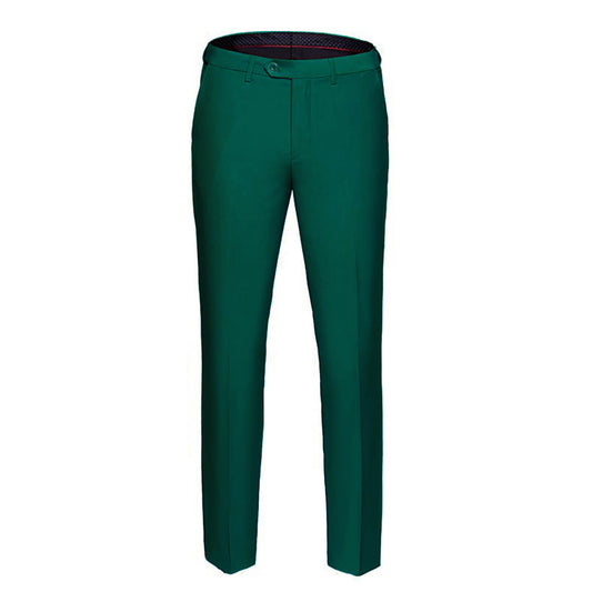 Green # Men's classic slim fit stretch flat front dress pants with extended waist strap and slanted side pockets, comfortable green slacks in polyester viscose blend for business, office, wedding and daily wear, isolated on white background.