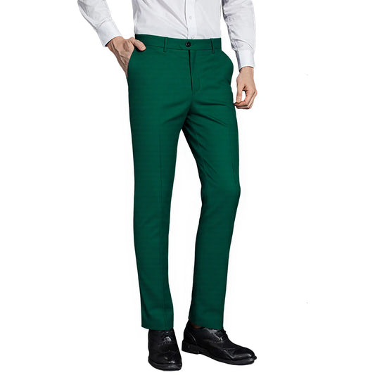 Green # Men's classic slim fit stretch flat front dress pants with extended waist strap and slanted side pockets, comfortable green slacks in polyester viscose blend for business, office, wedding and daily wear, isolated on white background.