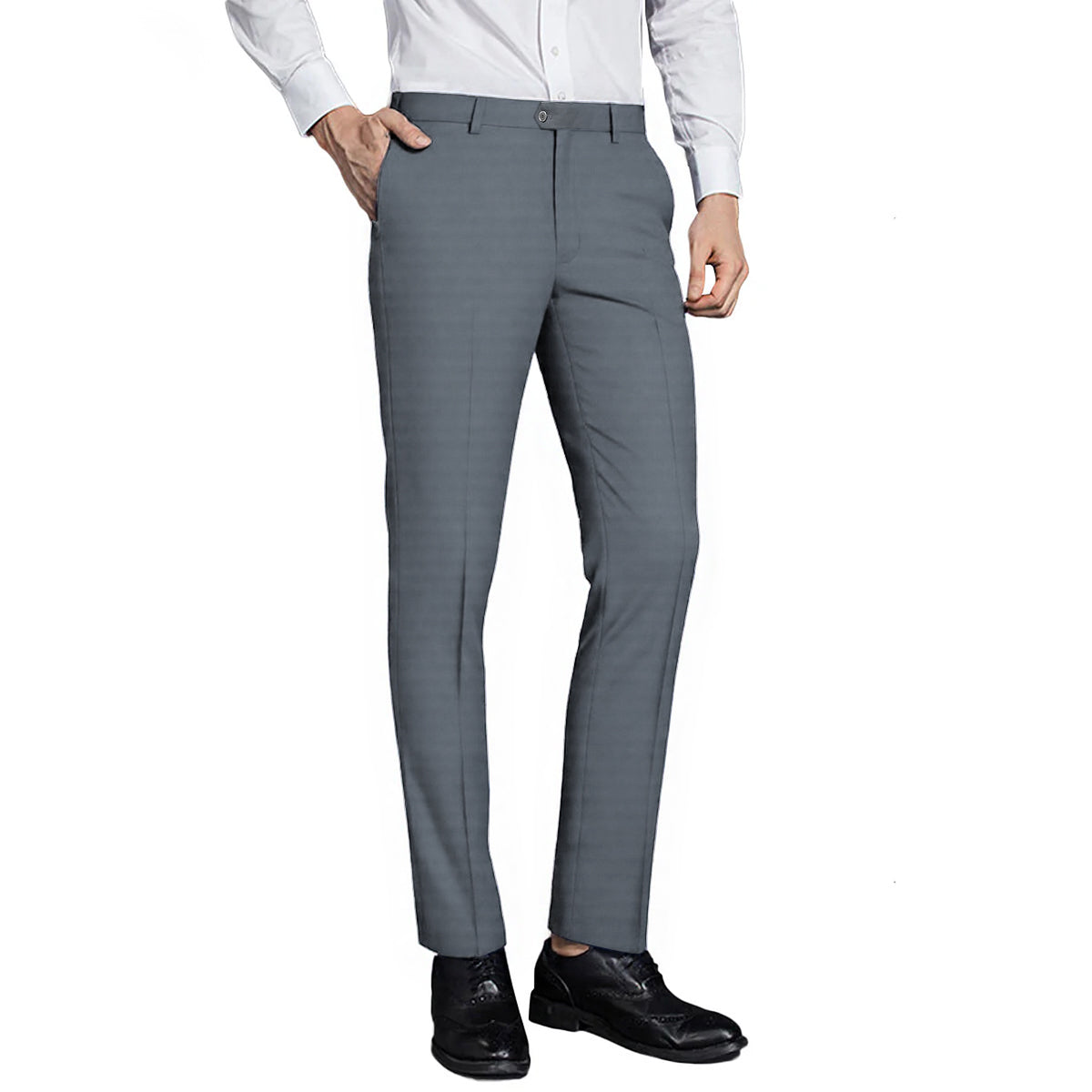 Light Grey # Men's classic slim fit stretch flat front dress pants with extended waist strap and slanted side pockets, comfortable polyester viscose blend slacks for business, office, wedding and daily wear, isolated on white background.