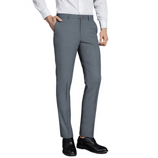 Light Grey # Men's classic slim fit stretch flat front dress pants with extended waist strap and slanted side pockets, comfortable polyester viscose blend slacks for business, office, wedding and daily wear, isolated on white background.