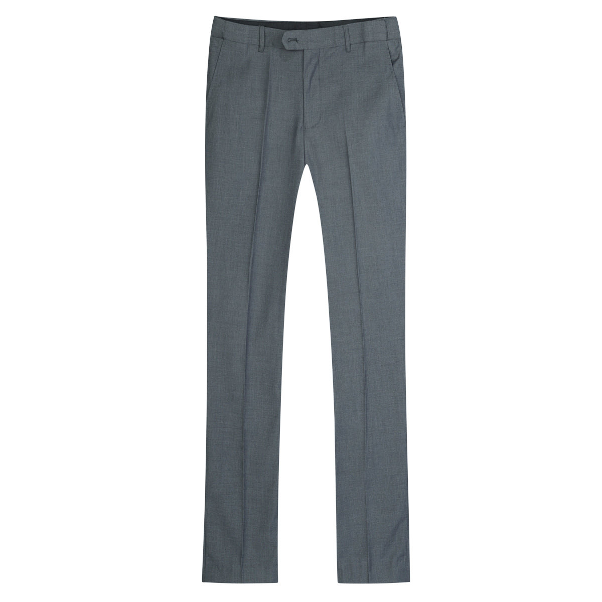 Light Grey # Men's classic slim fit stretch flat front dress pants with extended waist strap and slanted side pockets, comfortable polyester viscose blend slacks for business, office, wedding and daily wear, isolated on white background.