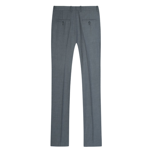 Light Grey # Men's classic slim fit stretch flat front dress pants with extended waist strap and slanted side pockets, comfortable polyester viscose blend slacks for business, office, wedding and daily wear, isolated on white background.