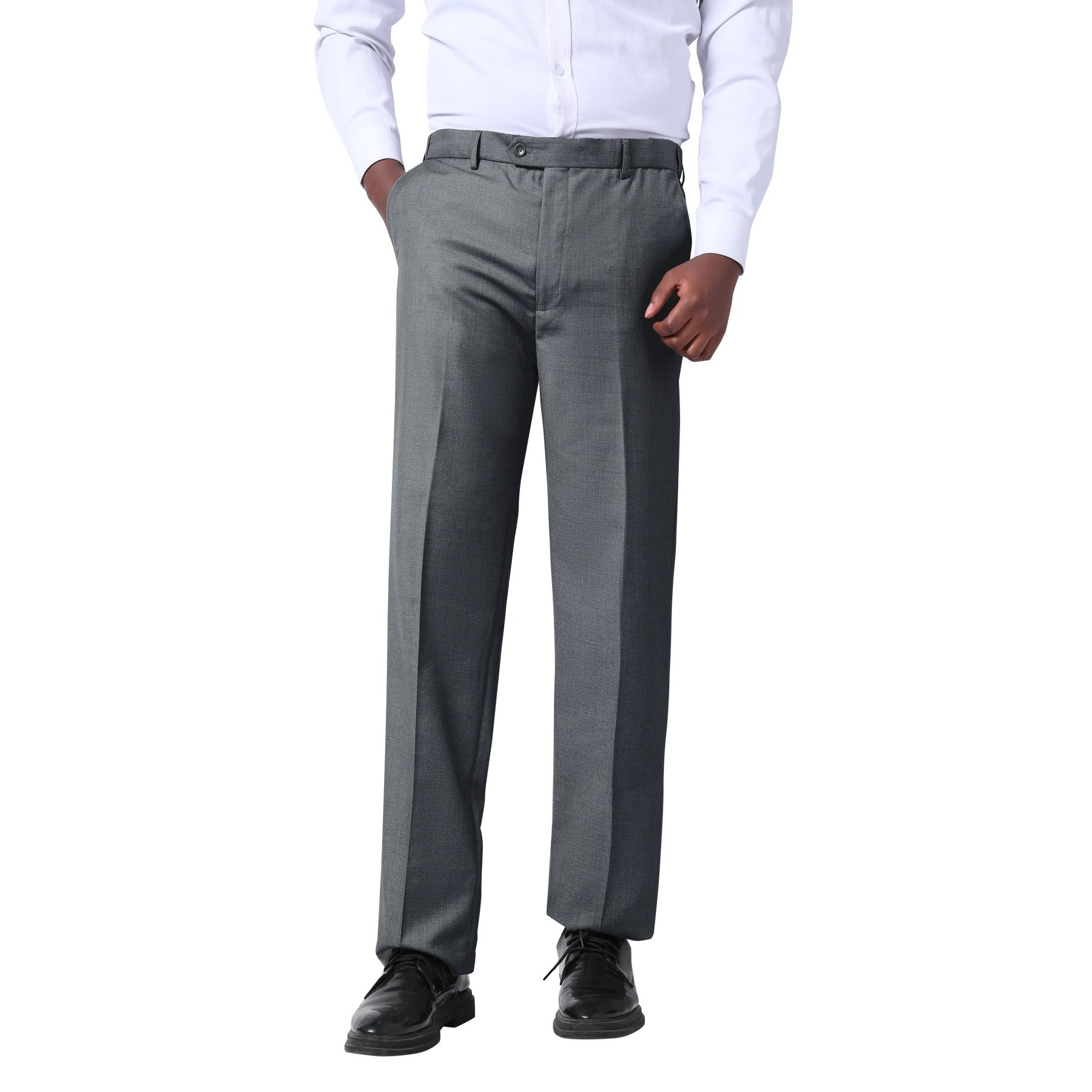 Light Grey # Men's classic slim fit stretch flat front dress pants with extended waist strap and slanted side pockets, comfortable polyester viscose blend slacks for business, office, wedding and daily wear, isolated on white background.Cloudstyle
