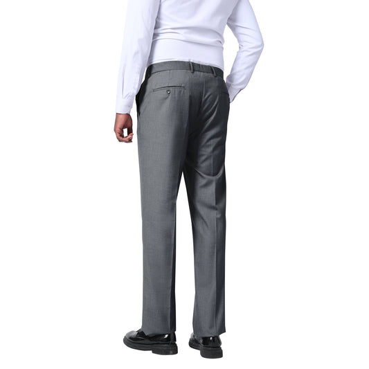 Light Grey # Men's classic slim fit stretch flat front dress pants with extended waist strap and slanted side pockets, comfortable polyester viscose blend slacks for business, office, wedding and daily wear, isolated on white background.