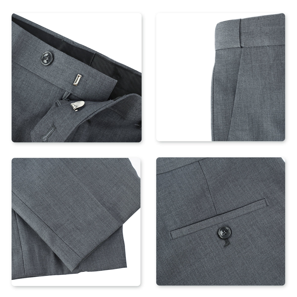 Light Grey # Men's classic slim fit stretch flat front dress pants with extended waist strap and slanted side pockets, comfortable polyester viscose blend slacks for business, office, wedding and daily wear, isolated on white background.