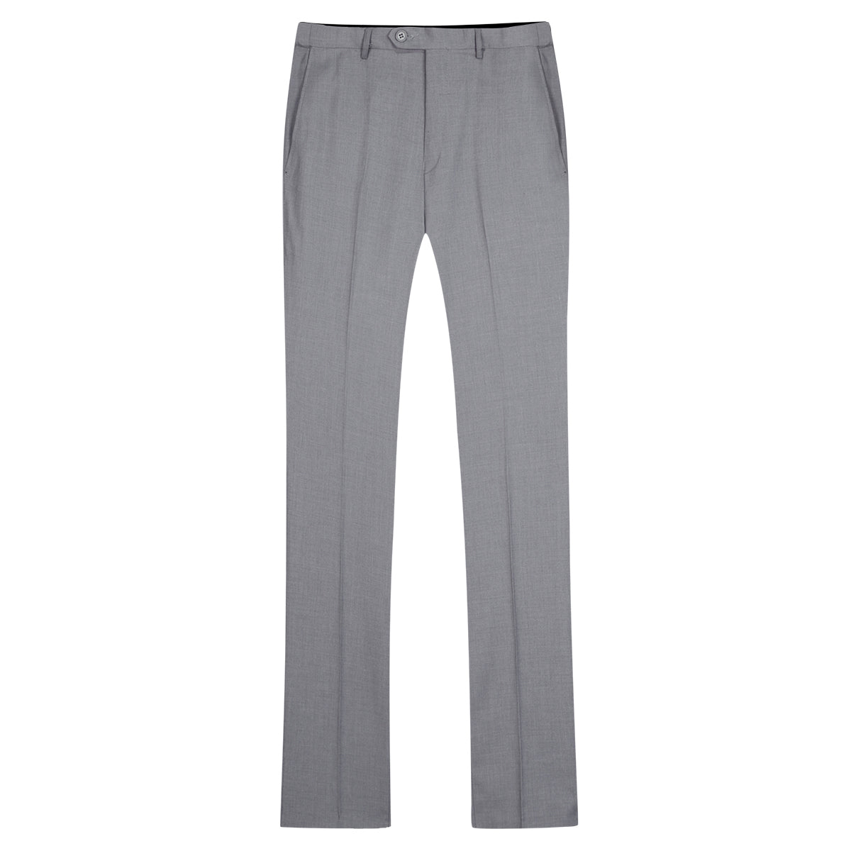 Light Grey # Men's classic slim fit stretch flat front dress pants with extended waist strap and slanted side pockets, comfortable polyester viscose blend slacks for business, office, wedding and daily wear, isolated on white background.